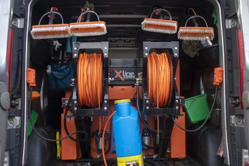 The professional XLine Systems window cleaning van setup used by Crystal Clean Windows to serve residential and commercial clients in Parson Drove and Wisbech.