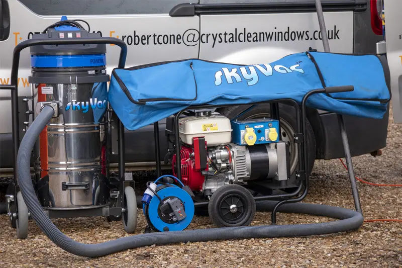Industrial SkyVac gutter cleaning system and portable generator used by Crystal Clean Windows for professional exterior maintenance in Wisbech and Parson Drove.